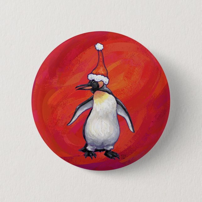 Penguin in Santa Hat on Red 6 Cm Round Badge (Front)