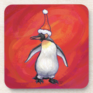 Penguin in Santa Hat on Red Coaster
