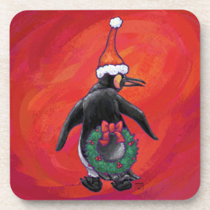 Penguin in Santa Hat on Red Coaster