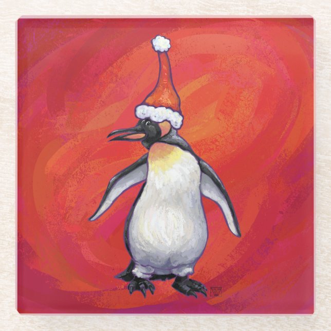 Penguin in Santa Hat on Red Glass Coaster (Front)