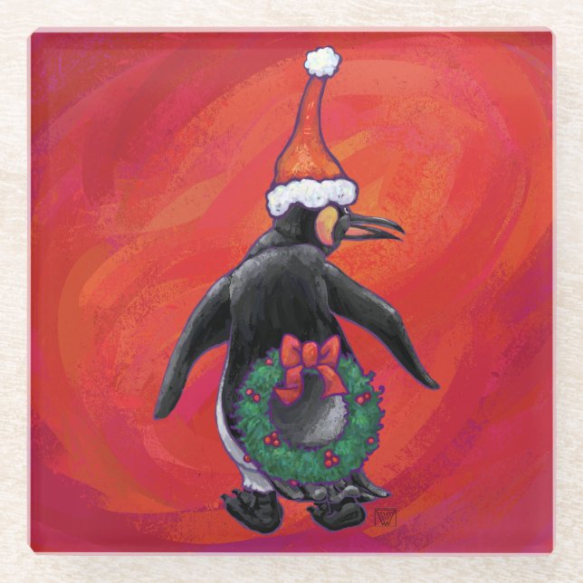 Penguin in Santa Hat on Red Glass Coaster (Front)