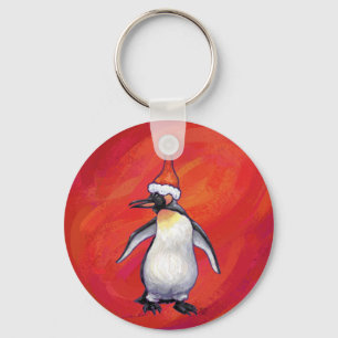 Penguin in Santa Hat on Red Key Ring