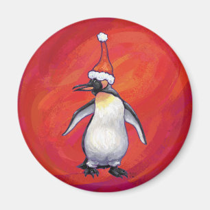 Penguin in Santa Hat on Red Magnet
