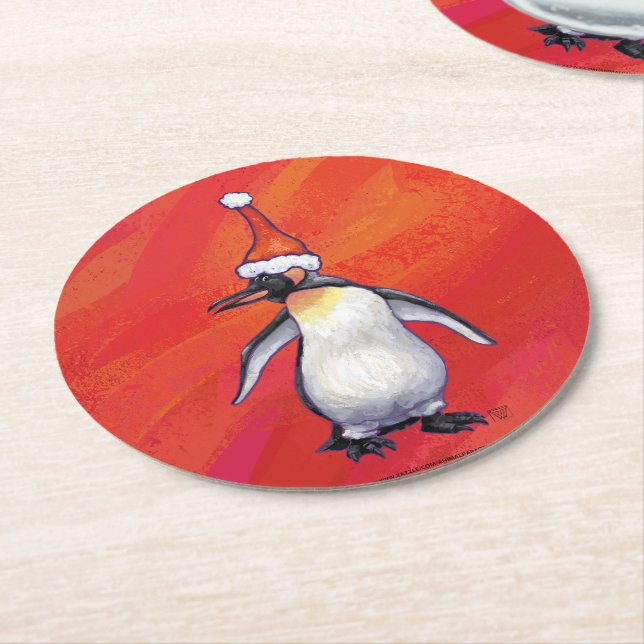 Penguin in Santa Hat on Red Round Paper Coaster (Angled)