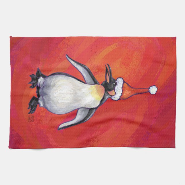 Penguin in Santa Hat on Red Tea Towel (Horizontal)