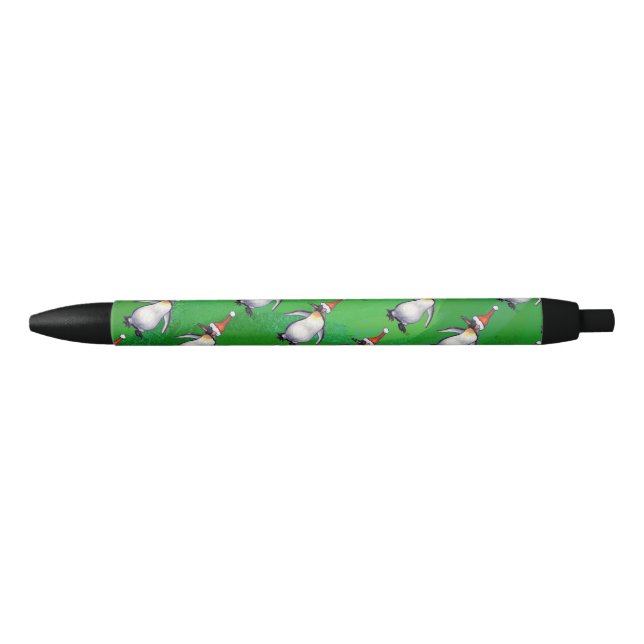 Penguin in Santa Hat Pattern on Green Black Ink Pen (Front)