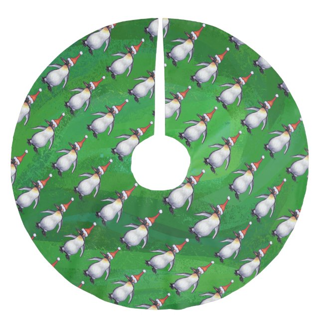Penguin in Santa Hat Pattern on Green Brushed Polyester Tree Skirt (Front)