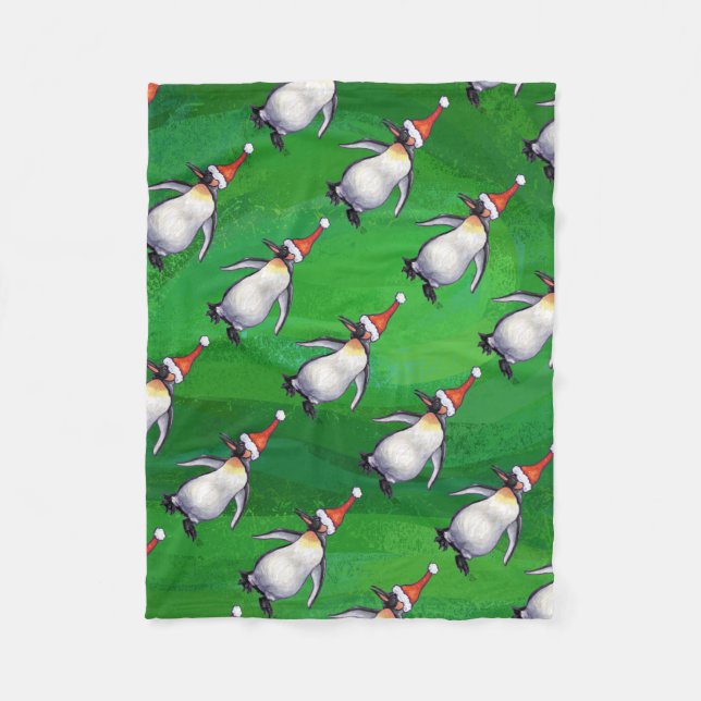 Penguin in Santa Hat Pattern on Green Fleece Blanket (Front)