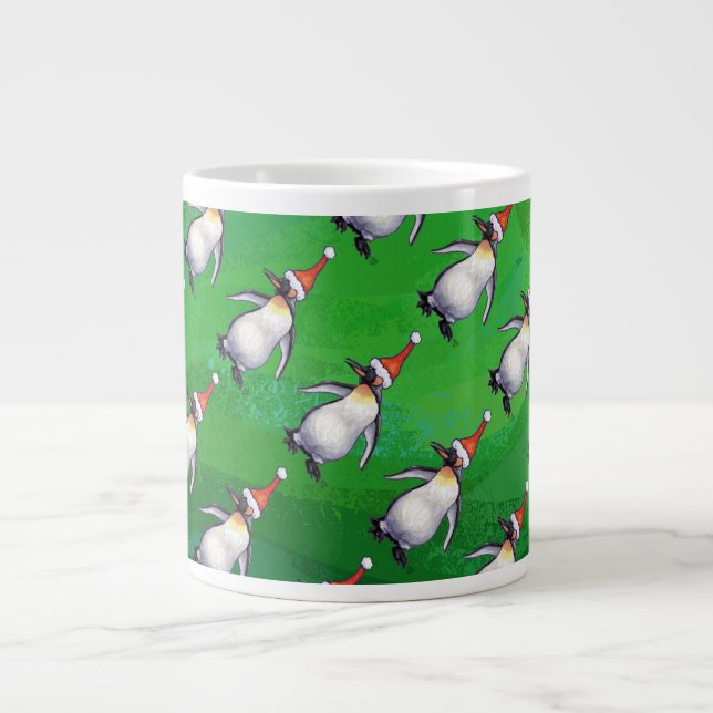 Penguin in Santa Hat Pattern on Green Large Coffee Mug (Front)