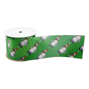 Penguin in Santa Hat Pattern on Green Satin Ribbon