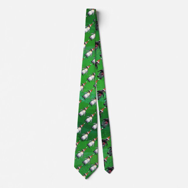 Penguin in Santa Hat Pattern on Green Tie (Front)