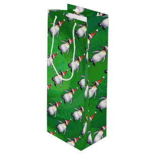 Penguin in Santa Hat Pattern on Green Wine Gift Bag