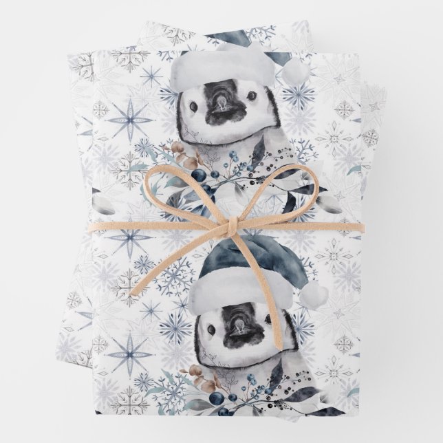 Penguin in Santa Hat Snowflakes Pattern Christmas  Wrapping Paper Sheet (In situ)