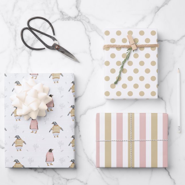 Penguin in Sweaters Wrapping Paper Set of 3 (Front)