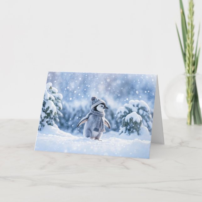 Penguin in the Snow Chilling with Hat Christmas Card (Front)