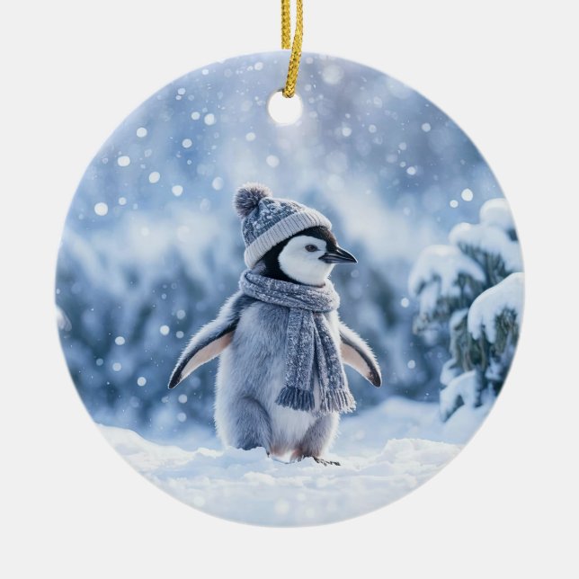 Penguin in the Snow Cute Christmas Ceramic Tree Decoration (Front)