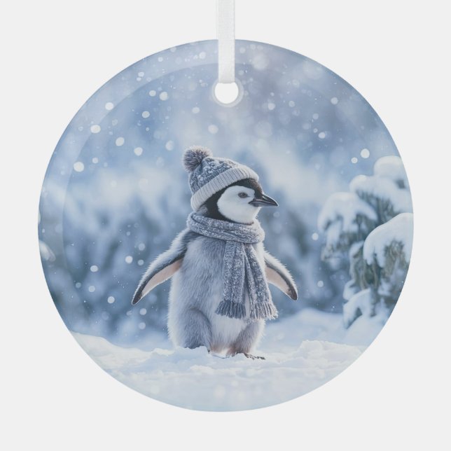 Penguin in the Snow Cute Christmas Glass Tree Decoration (Front)
