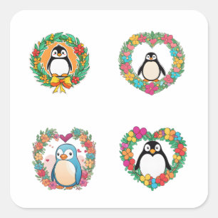 Penguin Inside Wreath Doodle Style Art 4 Pack Stic Square Sticker