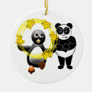 PENGUIN JUGGLING DUCKS PANDA BEAR DISAPPROVING ORN CERAMIC TREE DECORATION