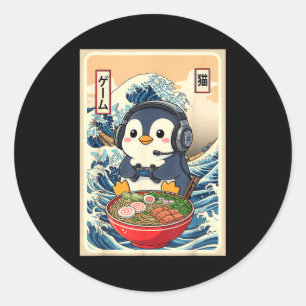 Penguin Kawaii Japanese Ramen Noodle Retro Gaming  Classic Round Sticker