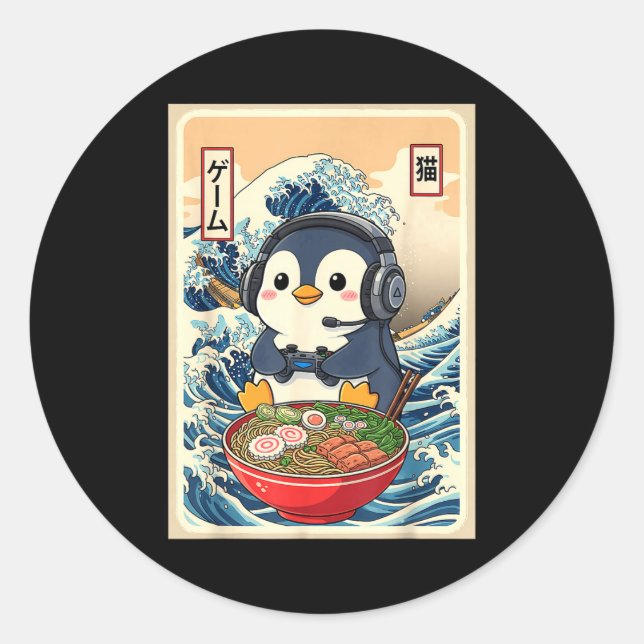 Penguin Kawaii Japanese Ramen Noodle Retro Gaming  Classic Round Sticker (Front)