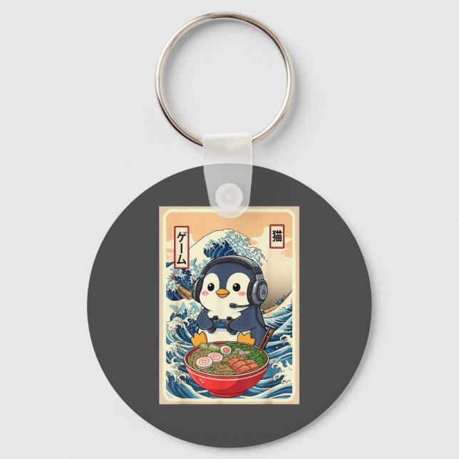 Penguin Kawaii Japanese Ramen Noodle Retro Gaming  Key Ring (Front)