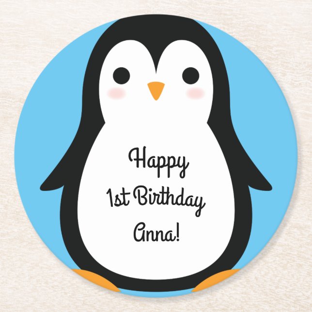 Penguin Kid's Birthday Party Cute Winter Round Paper Coaster (Front)