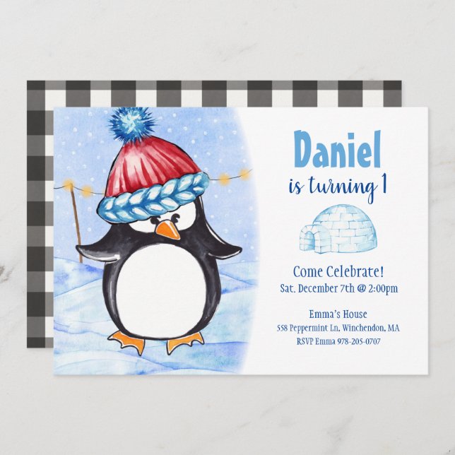 Penguin Kids Birthday Party Invitation (Front/Back)