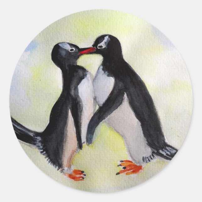 Penguin Kiss, Watercolor art sticker (Front)