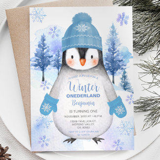 Penguin knitted Hat Snowflakes Birthday Invitation