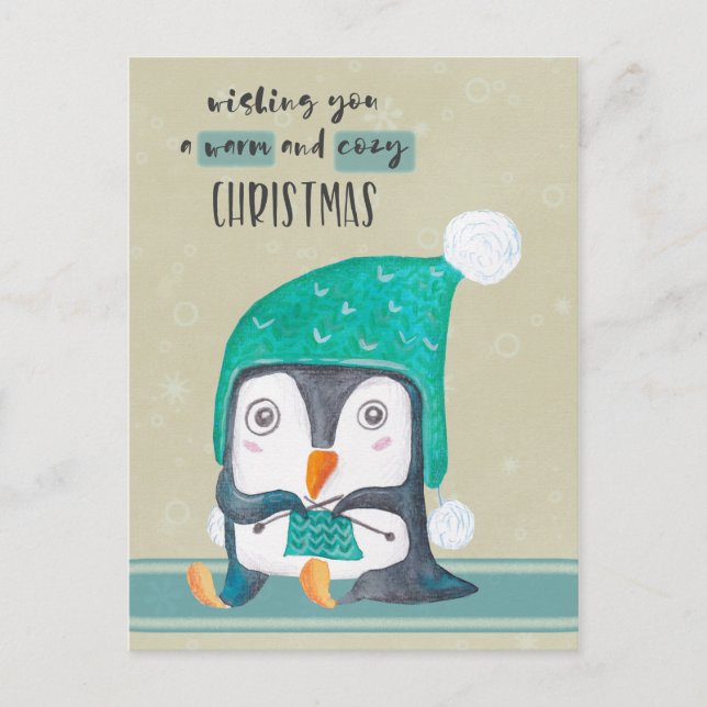Penguin Knitting Christmas Post Card (Front)