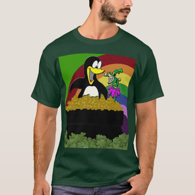 Penguin, Leprechaun, Gold and Rainbow T-Shirt (Front)