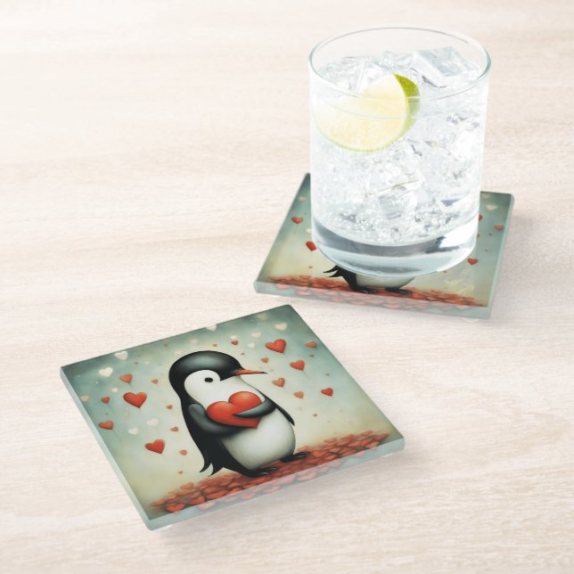 Penguin Love 1 Glass Coaster (Angled)