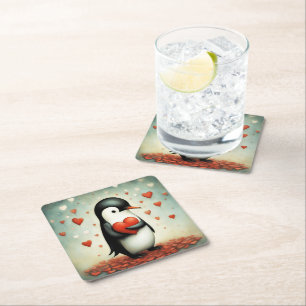 Penguin Love 1 Square Paper Coaster