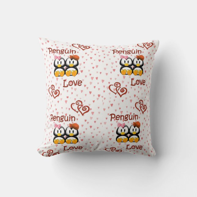 Penguin Love Hearts Throw Pillow (Front)