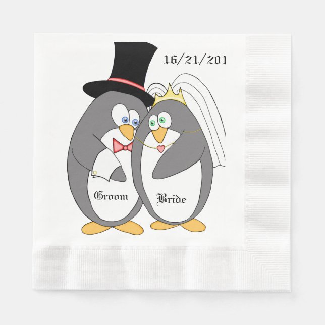 Penguin Love Personalised Wedding Napkins (Front)