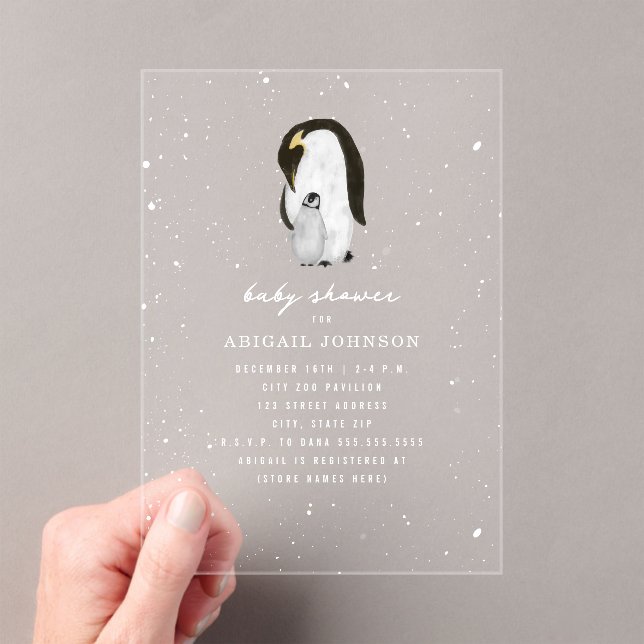 Penguin Mama & Baby Shower Winter Snow Neutral Acrylic Invitations (Insitu (Handheld))