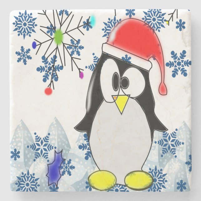 Penguin Marble Stone Coaster Christmas (Front)