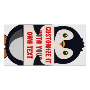 Penguin mascot holding a sign for custom text