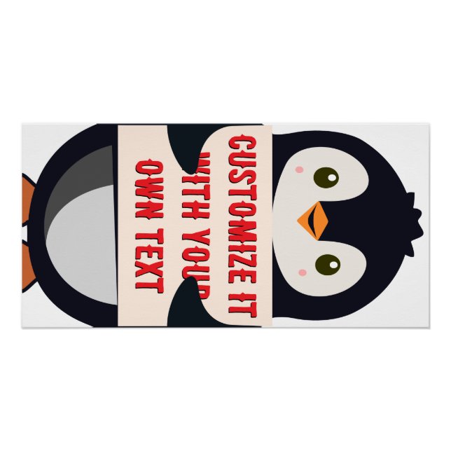 Penguin mascot holding a sign for custom text (Front)