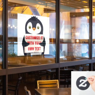 Penguin mascot holding a sign for custom text