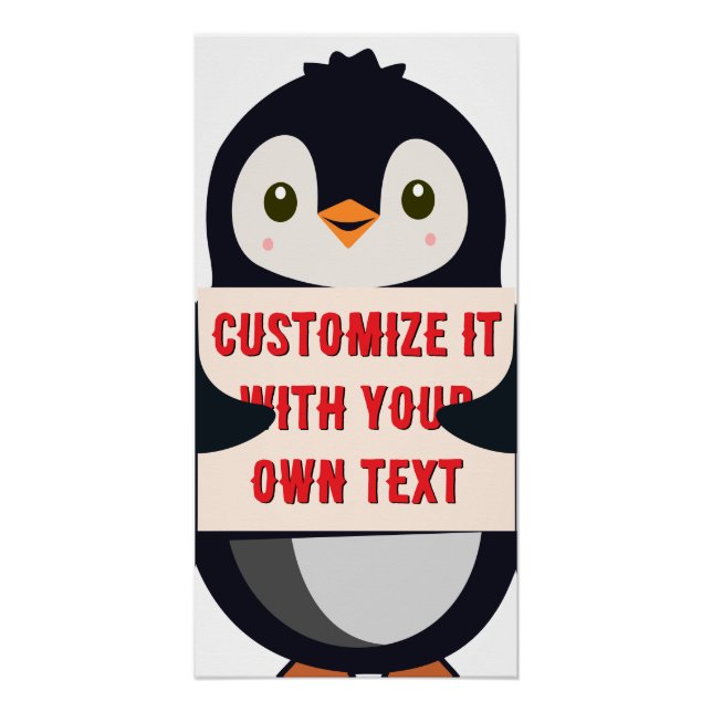 Penguin mascot holding a sign for custom text (Front)