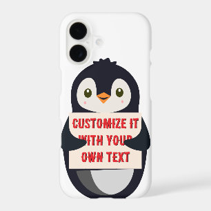 Penguin mascot holding a sign for custom text