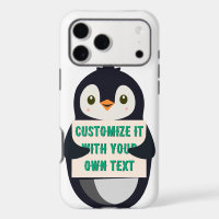 Penguin mascot holding a sign for custom text