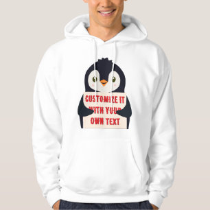 Penguin mascot holding a sign for custom text hoodie