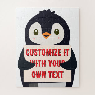 Penguin mascot holding a sign for custom text jigsaw puzzle