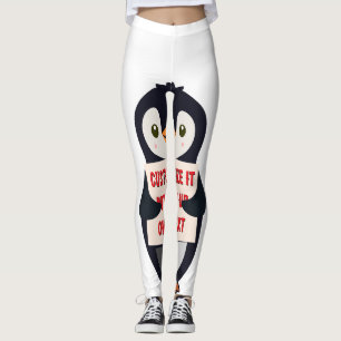 Penguin mascot holding a sign for custom text leggings