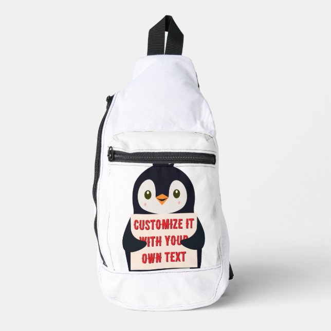 Penguin mascot holding a sign for custom text sling bag (Front)