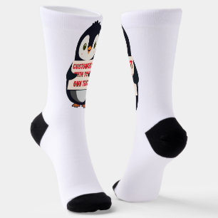 Penguin mascot holding a sign for custom text socks