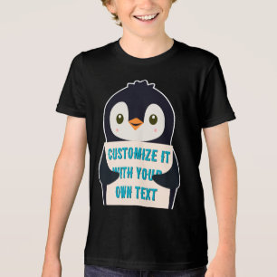 Penguin mascot holding a sign for custom text Tri-Blend shirt